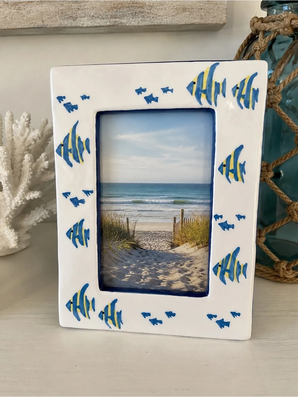 Hand-Painted Fish 3x5 Picture Frame - Blue & Yellow